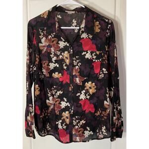 Loft Black Floral Long Sleeve Lightweight Collared Button Front Blouse Petite L